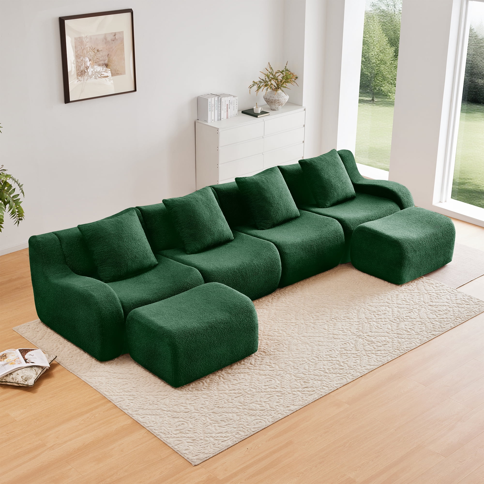 Alvantor Sectional Sofa with Reversible Ottoman U-Shaped 148" W 4-Seater Teddy Boneless Couch Modern Deep Seat Cloud Sofa for Living Room Green