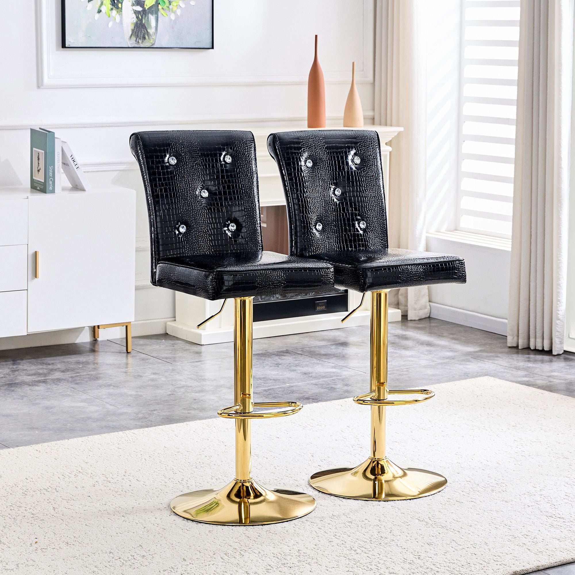 Alvantor Set of 2 Black Crocodile Faux Leather Bar Chairs with Crystal Accents