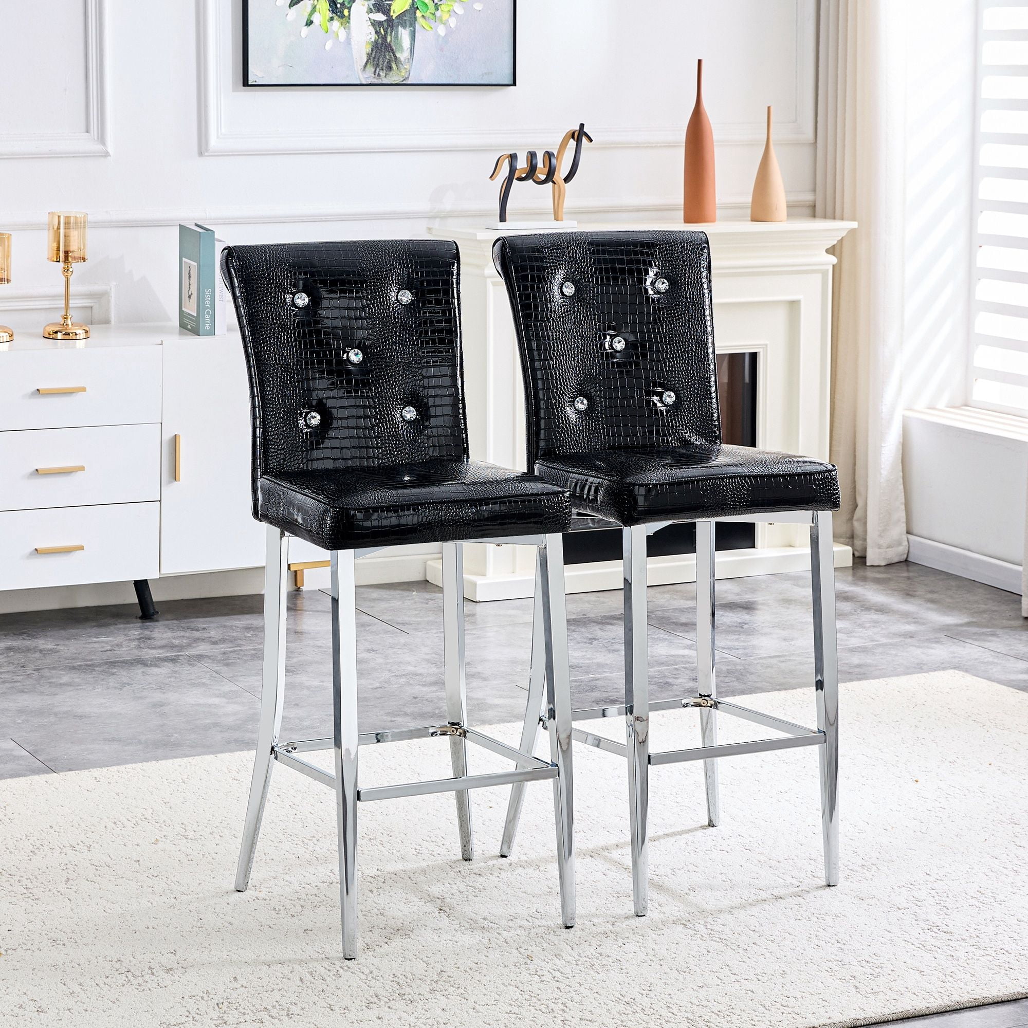 Alvantor Set of 2 Black Crocodile Faux Leather Bar Chairs with Crystal Accents