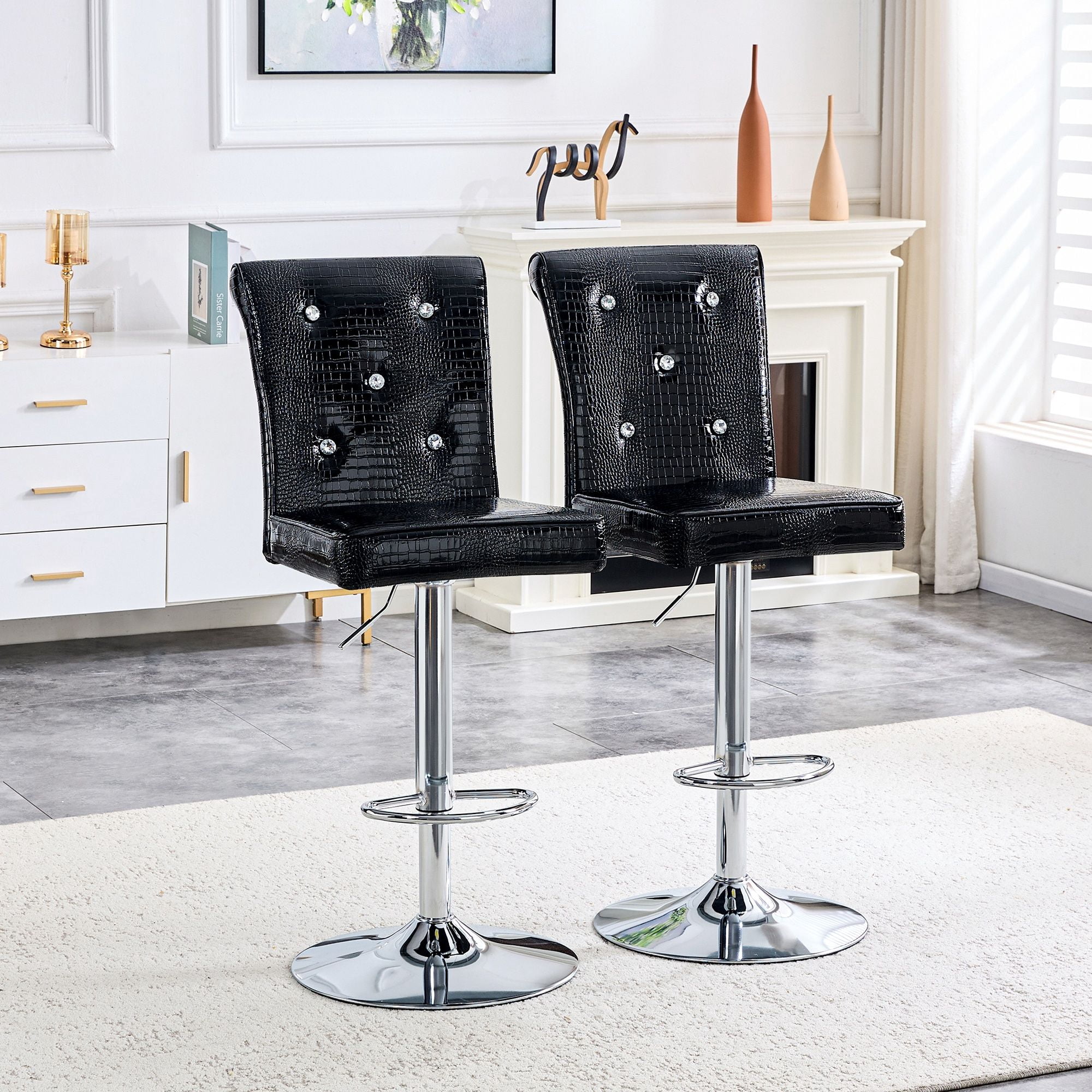 Alvantor Set of 2 Black Crocodile Faux Leather Lift Bar Stools with Crystal Accents