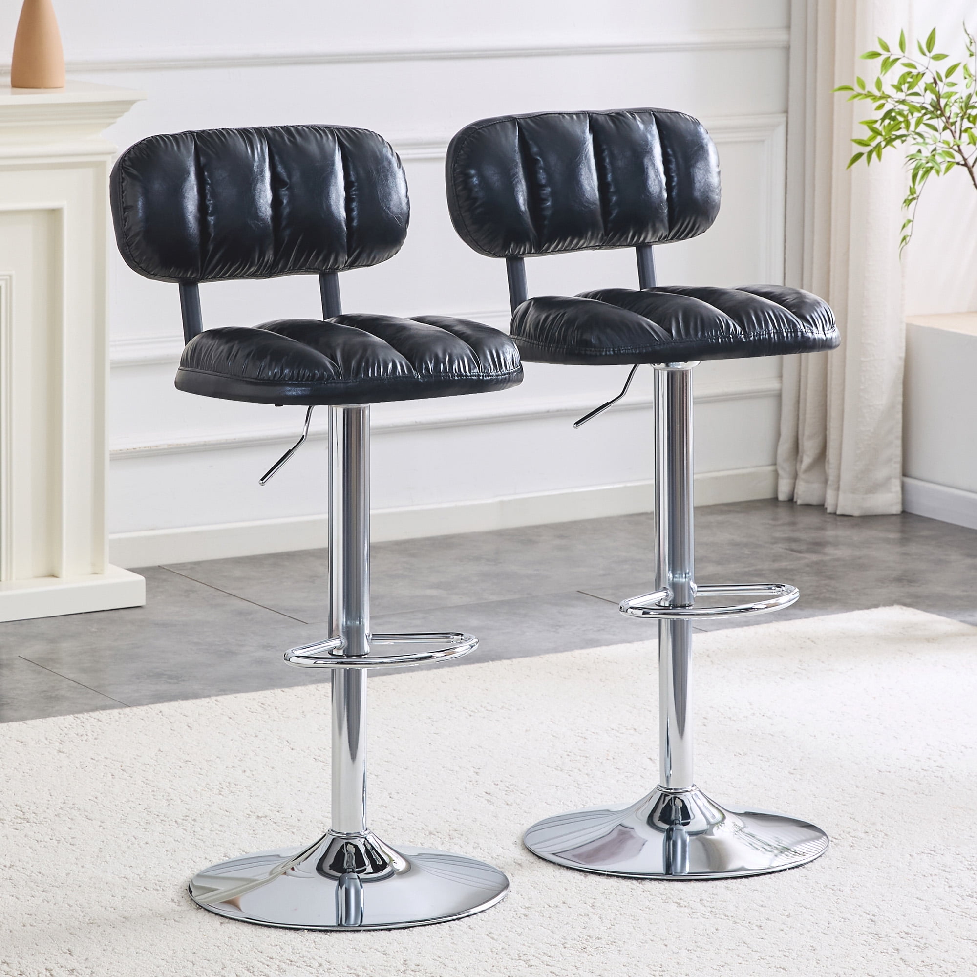 Alvantor Set of 2 Black PU Leather Adjustable Bar Stools with Chrome Base