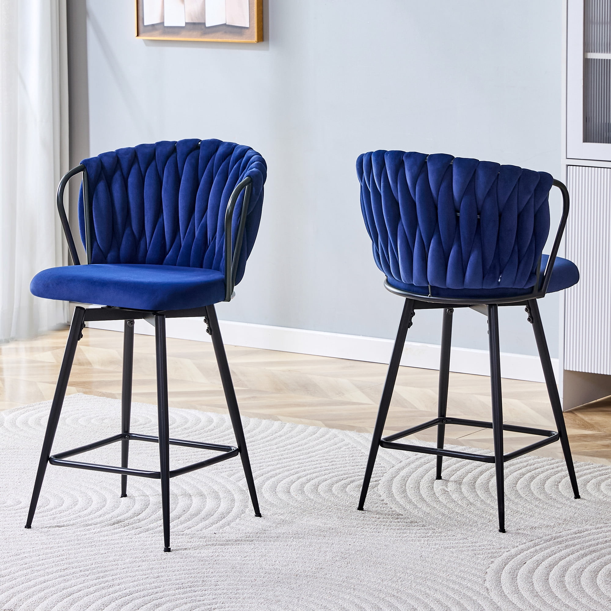 Alvantor Set of 2 Blue Velvet Braided Counter Height Bar Stools with Metal Frame