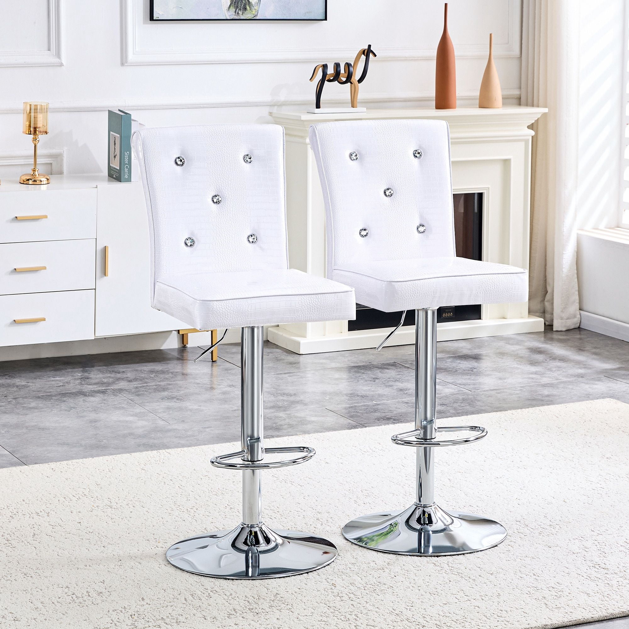 Alvantor Set of 2 White Crocodile Faux Leather Lift Bar Chairs with Crystal Accents