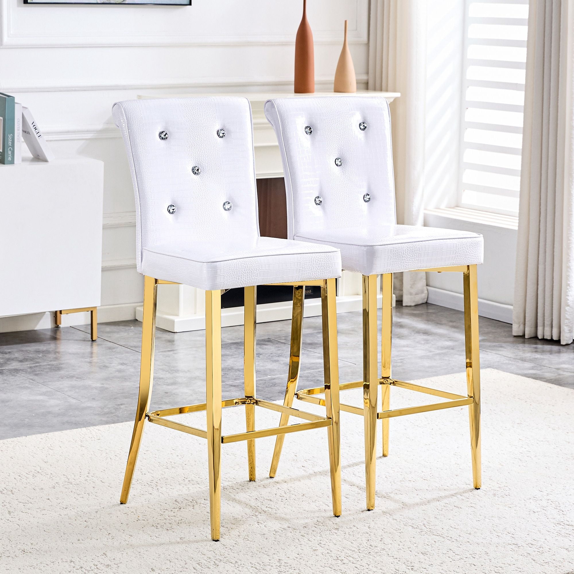 Alvantor Set of 2 White Gold Crocodile Faux Leather Bar Chairs with Crystal Accents
