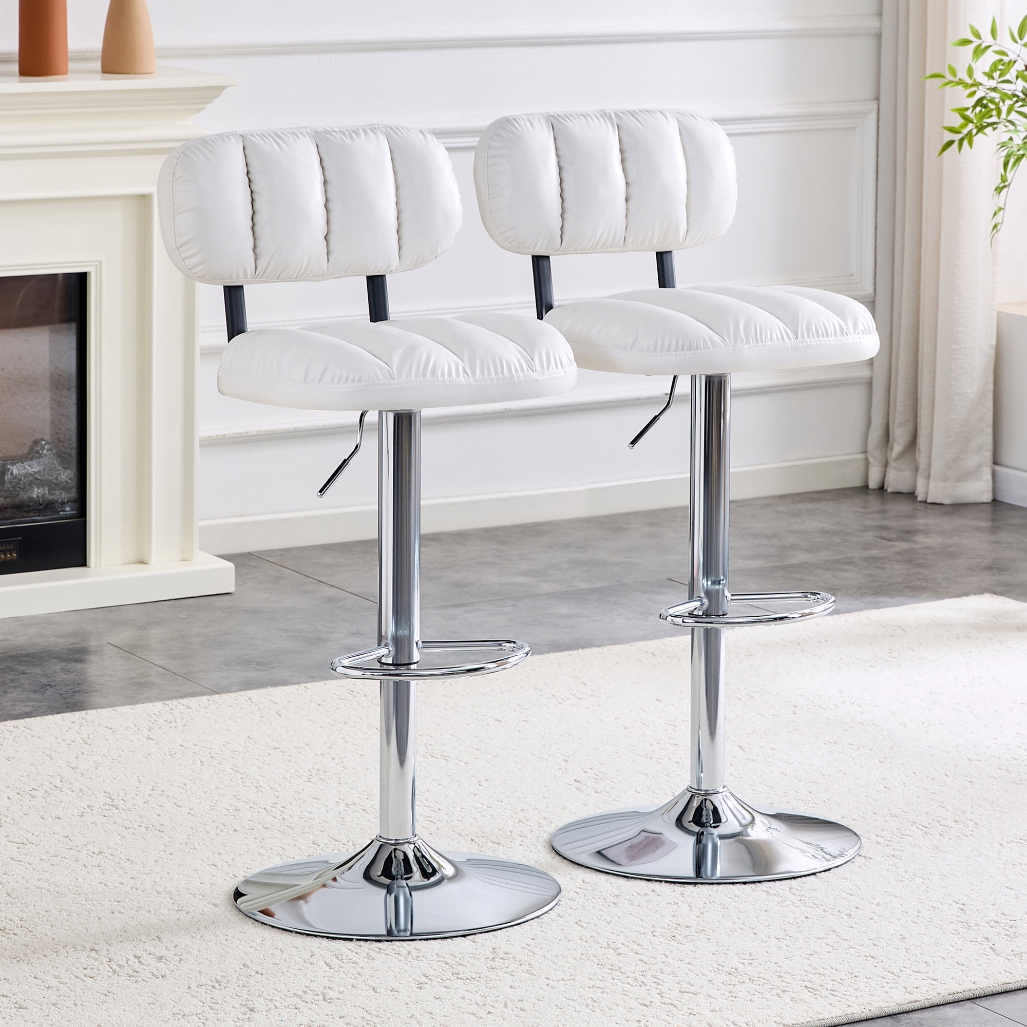 Alvantor Set of 2 White PU Leather Adjustable Bar Stools with Chrome Base
