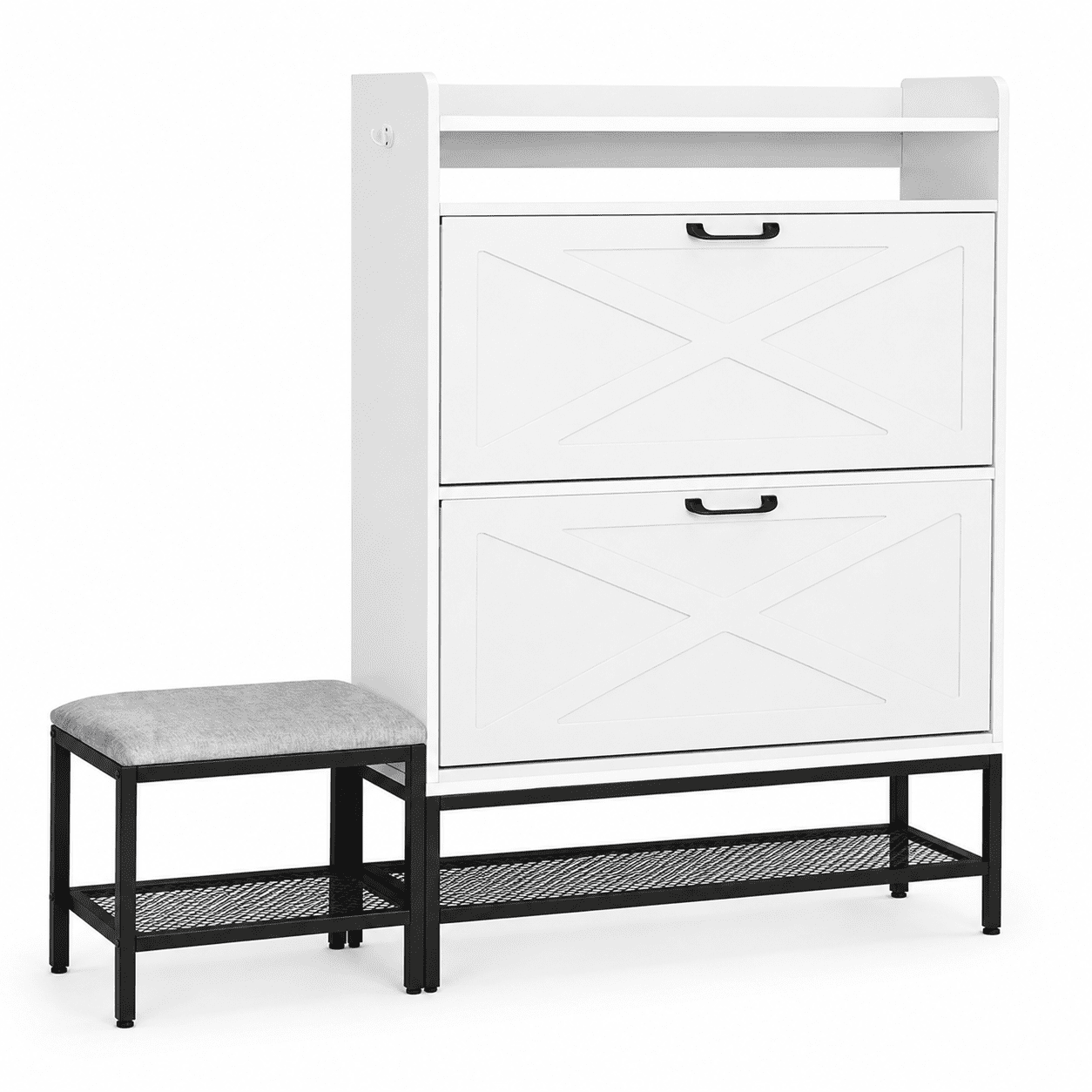 Alvantor Shoe Cabinet with Bench, 2 Flip-Down Barn Doors, Holds 12-16 Pairs, 47.2" W, White