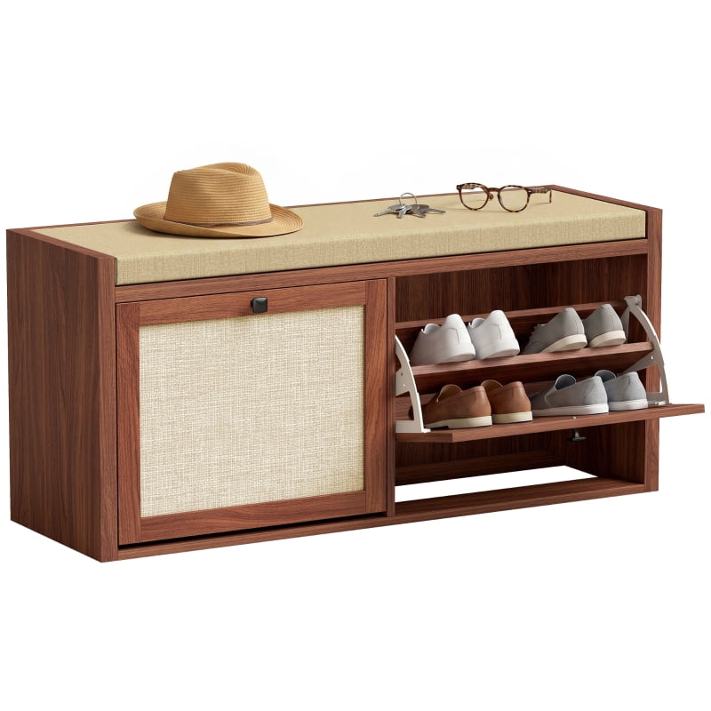 Alvantor Shoe Storage Bench with Rattan Doors & Padded Seat for Entryway 42.5"x13.8"x19.7" Brown