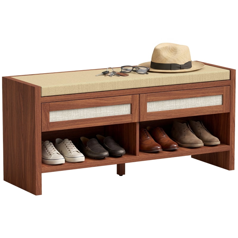 Alvantor Shoe Storage Bench with Rattan Drawers & Cushioned Seat for Entryway 42.5"x13.8"x19.7" Brown