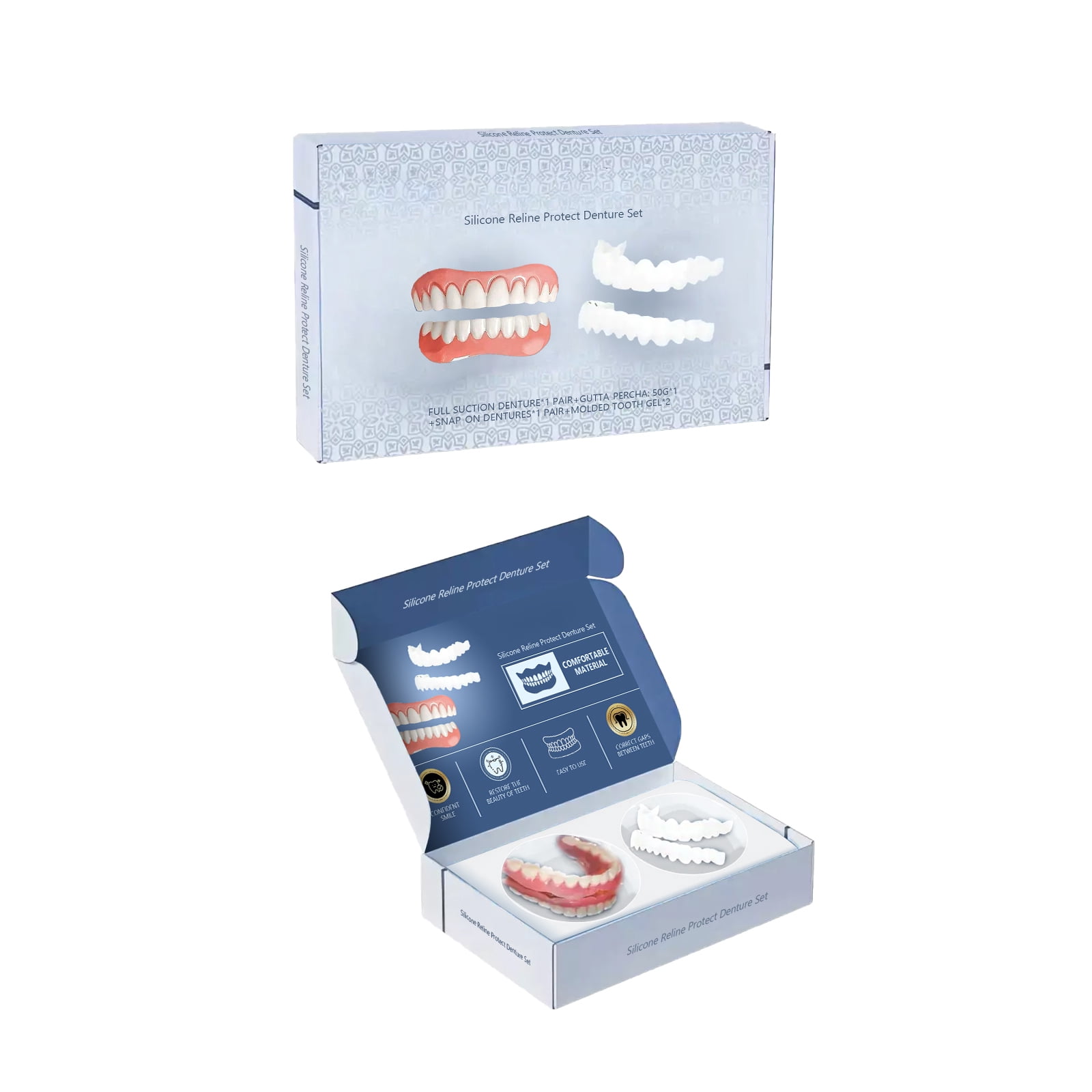 Alvantor Silicone Reline Protect Teeth Set, Full Suction Adjustable Fake Teeth for Instant Smile Enhancement Comfort Fit