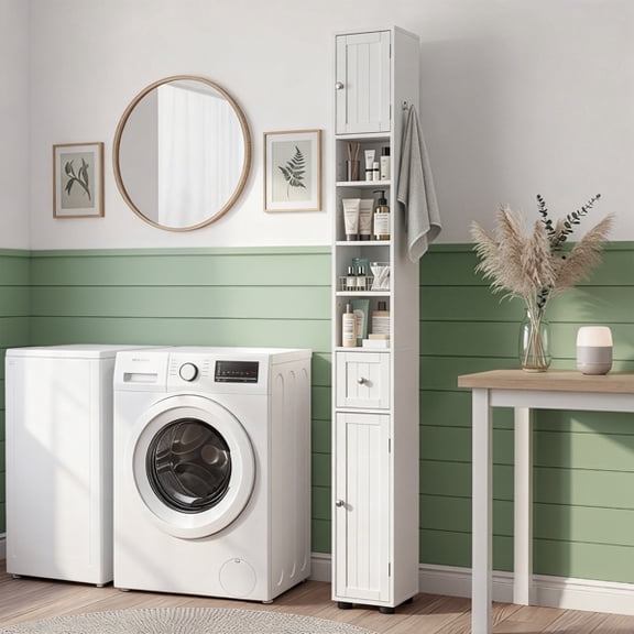 Alvantor Slim Bathroom Storage Cabinet with Drawer,2 Doors & 4 Open Shelves,White 8 x 8 x 71 in