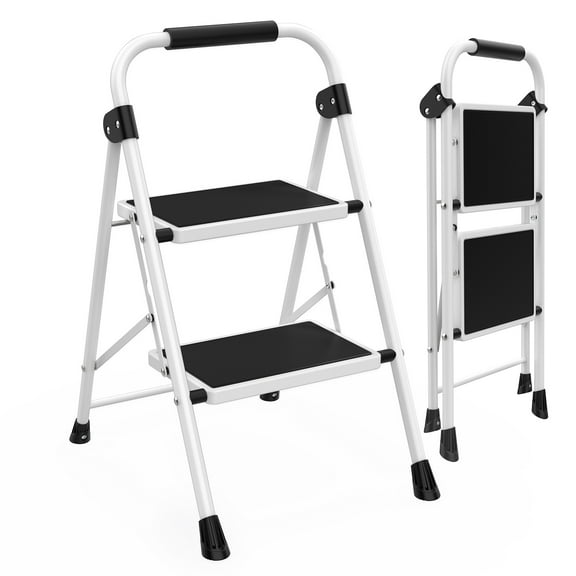 Alvantor Step ladder, 2-Step Ladder Stool, 800lbs Capacity, Anti-Slip Treads & Handles, Foldable Ultra-Thin Design, Grey/Black