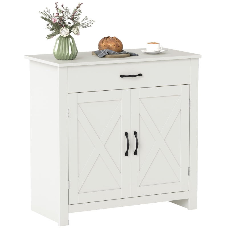 Alvantor Stone Farmhouse Sideboard Storage Cabinet with Barn Doors & Drawer 31.5"W x 15.75"D x 31.5"H White