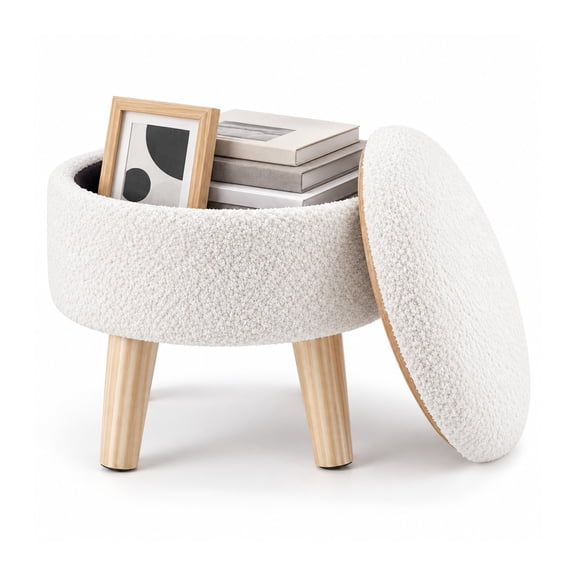 Alvantor Storage Ottoman, Round Teddy Fabric Footrest with Padded Seat and Wood Legs, Beige, 12.99 x 12.99 x 10.91 in