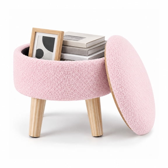 Alvantor Storage Ottoman, Round Teddy Fabric Footrest with Padded Seat and Wood Legs, Pink, 12.99 x 12.99 x 10.91 in