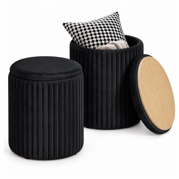Alvantor Storage Ottoman Set, 2-Piece Round Velvet Nesting Stools with Reversible Tray Lids, Black, 14.57 x 14.57 x 18.11 in