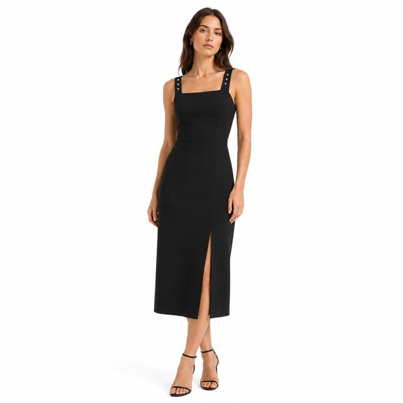 Alvantor Summer Dresses for Women, Sleeveless Square Neck Fit and Flare Midi Dress, Black