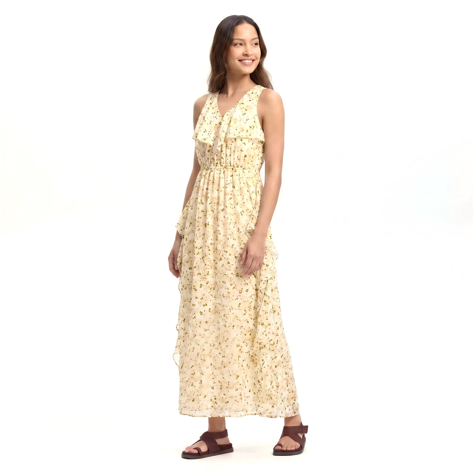 Alvantor Summer Maxi Dresses for Women, Sleeveless Ruffle V-Neck Floral Poly Chiffon, Ivory Multi