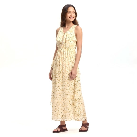 Alvantor Summer Maxi Dresses for Women, Sleeveless Ruffle V-Neck Floral Poly Chiffon, Ivory Multi