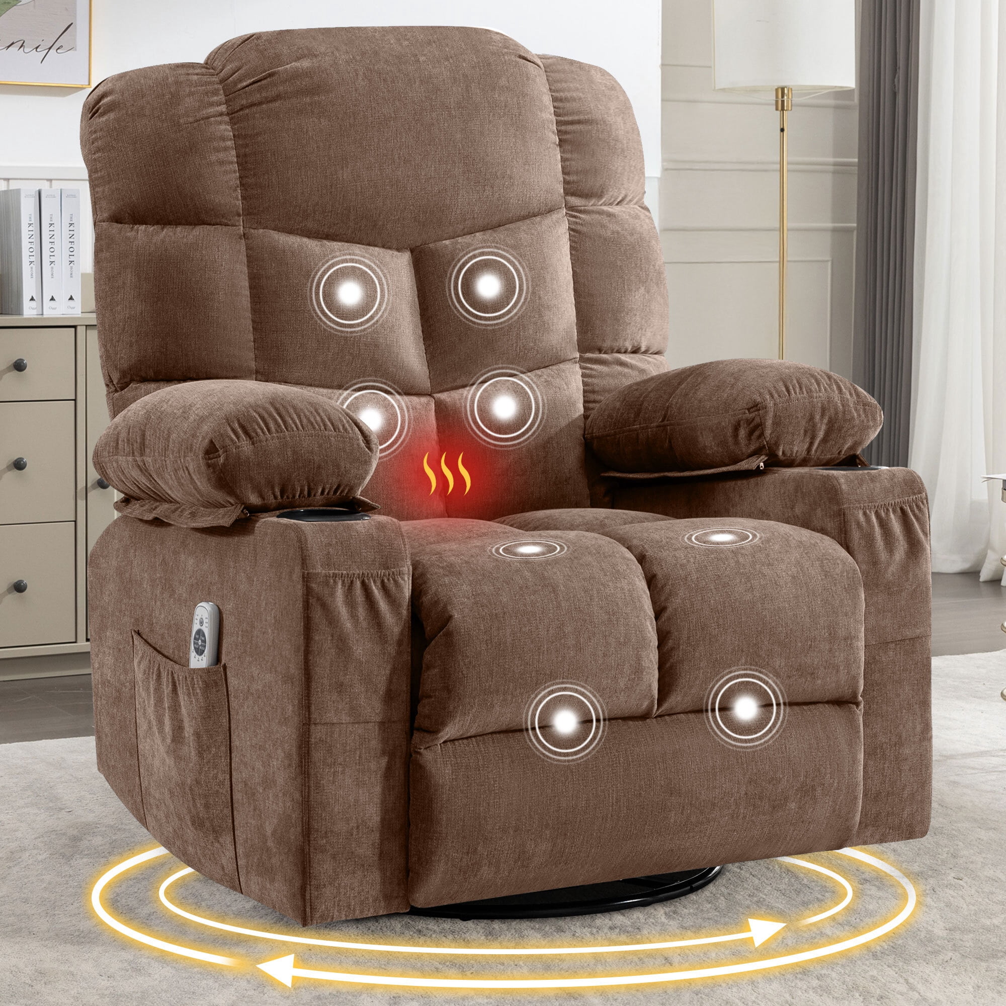 Alvantor Swivel Recliner Chair with Massage & Heat Single Rocker Sofa with Cup Holders for Bedroom Home Theater Brown