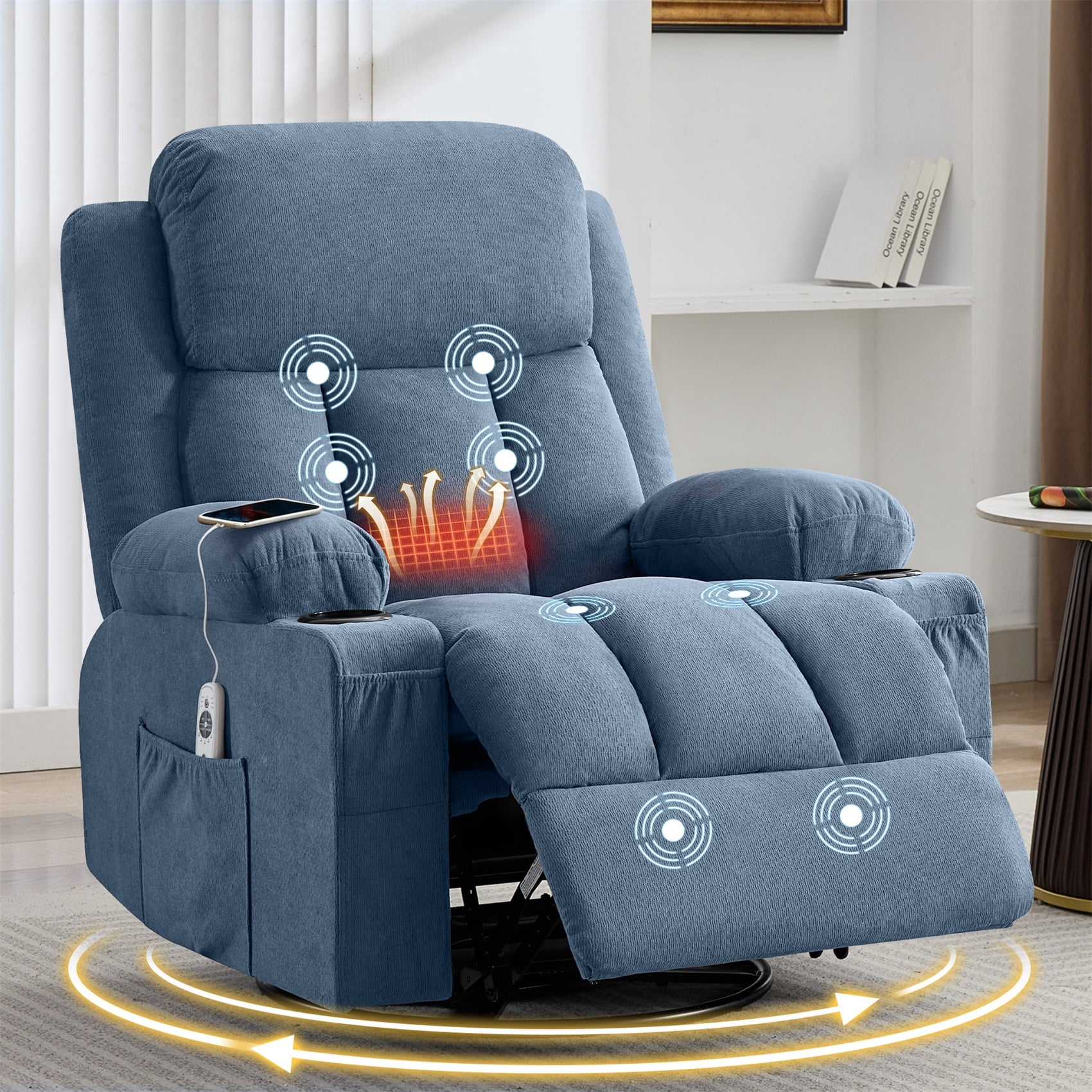 Alvantor Swivel Recliner Chair with Massage & Heat for Adults, Single Rocker Sofa with Cup Holders for Bedroom Home Theater Blue