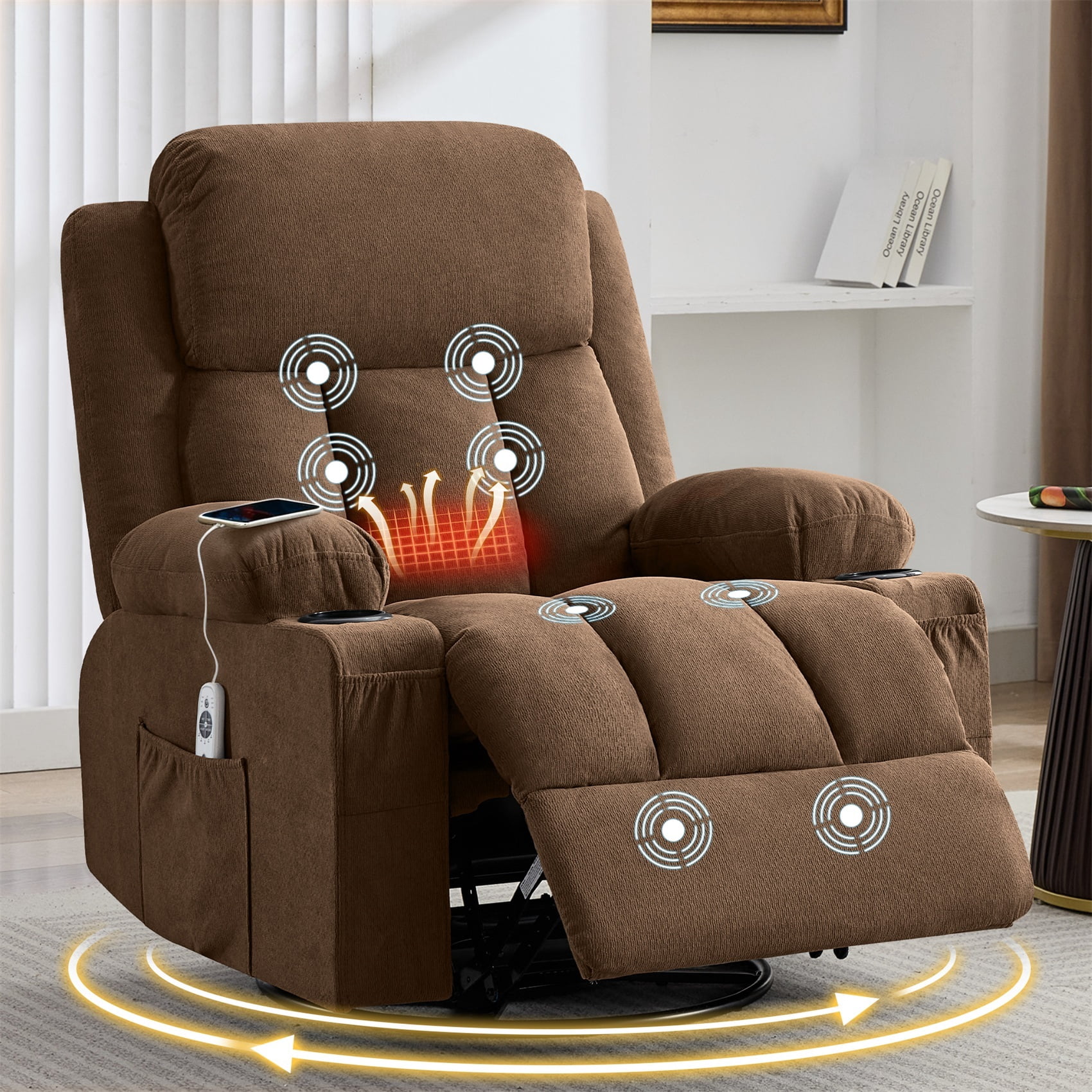 Alvantor Swivel Recliner Chair with Massage & Heat for Adults, Single Rocker Sofa with Cup Holders for Bedroom Home Theater Brown