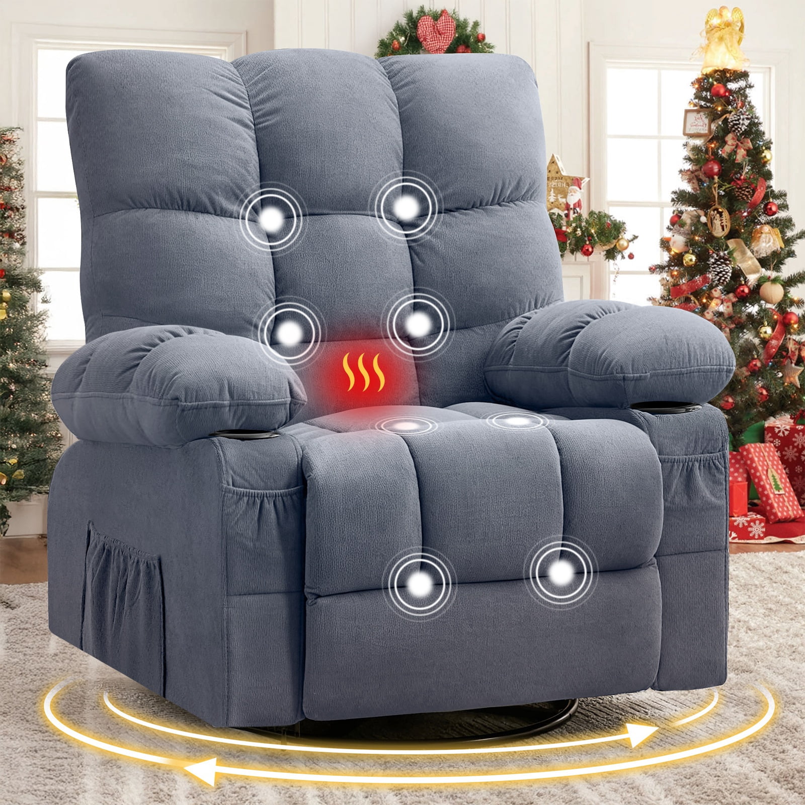 Alvantor Swivel Rocker Recliner Chair with Massage & Heat Single Rocker Sofa with Cup Holders for Bedroom Home Theater Blue