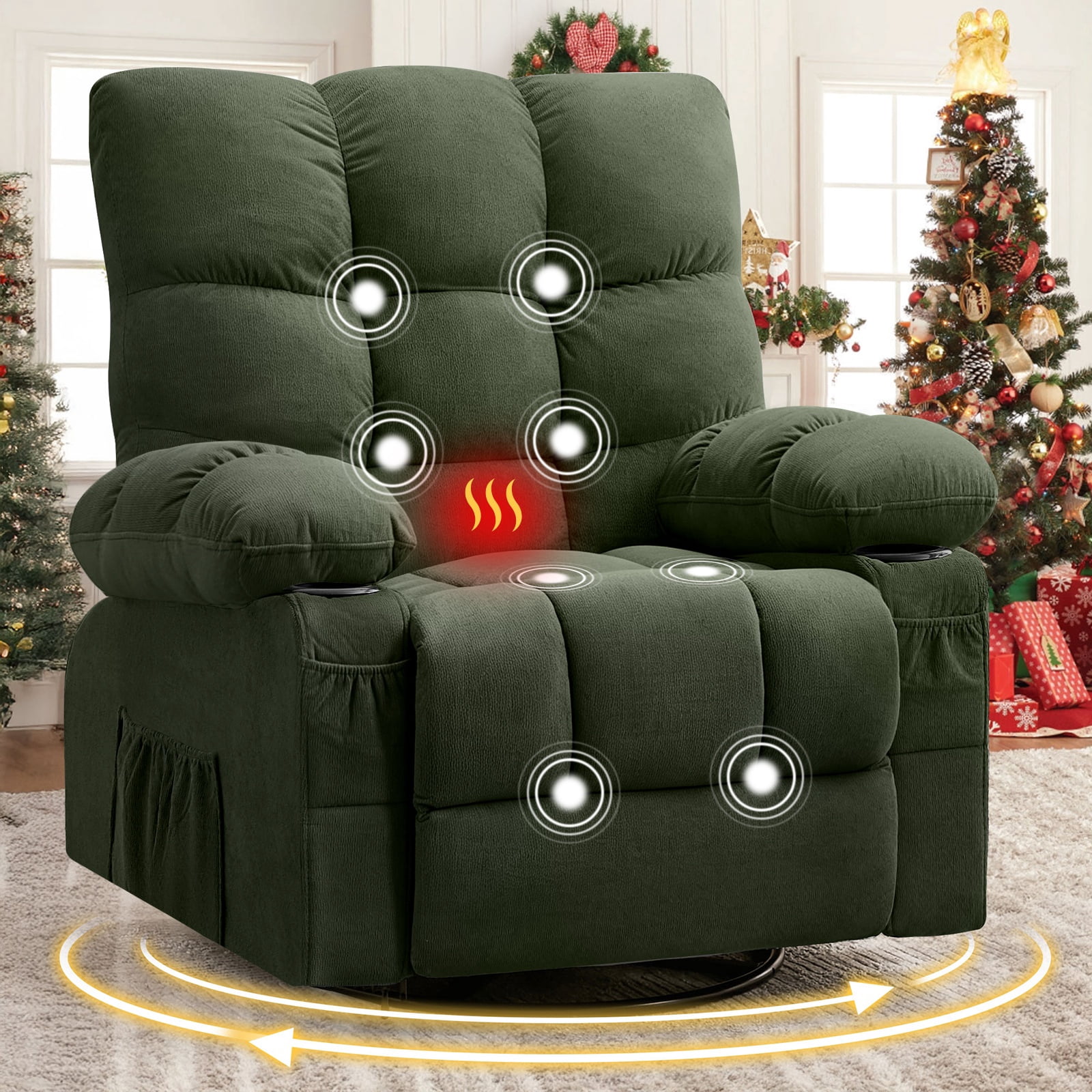 Alvantor Swivel Rocker Recliner Chair with Massage & Heat Single Rocker Sofa with Cup Holders for Bedroom Home Theater Green