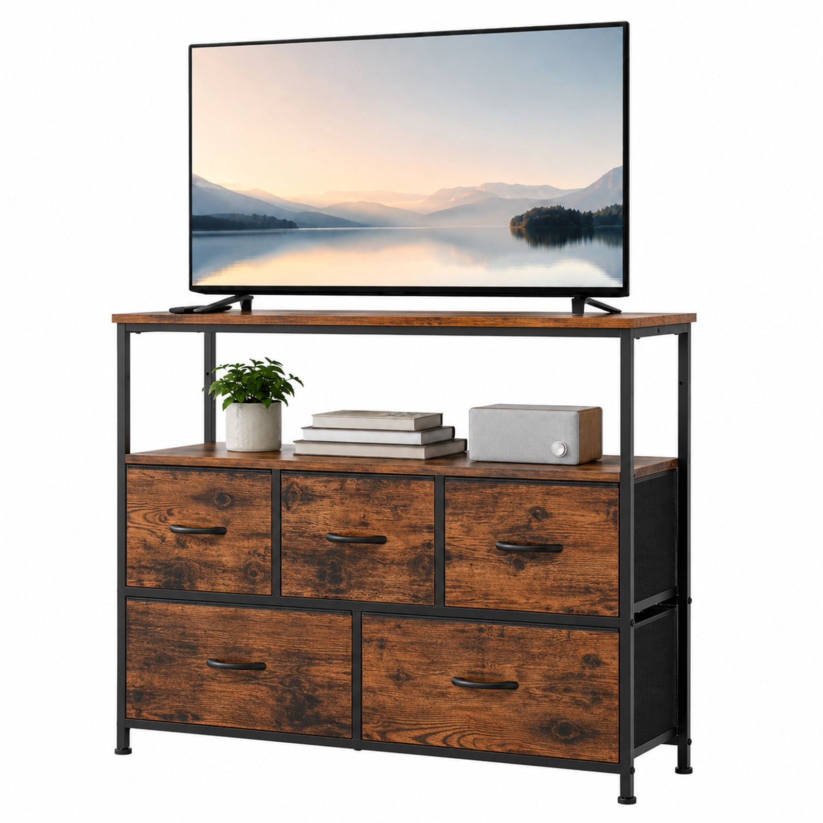 Alvantor Tall Fabric Dresser, TV Stand Media Console, 5 Drawer Storage Tower with Wooden Top for Bedroom, Entryway, Nursery