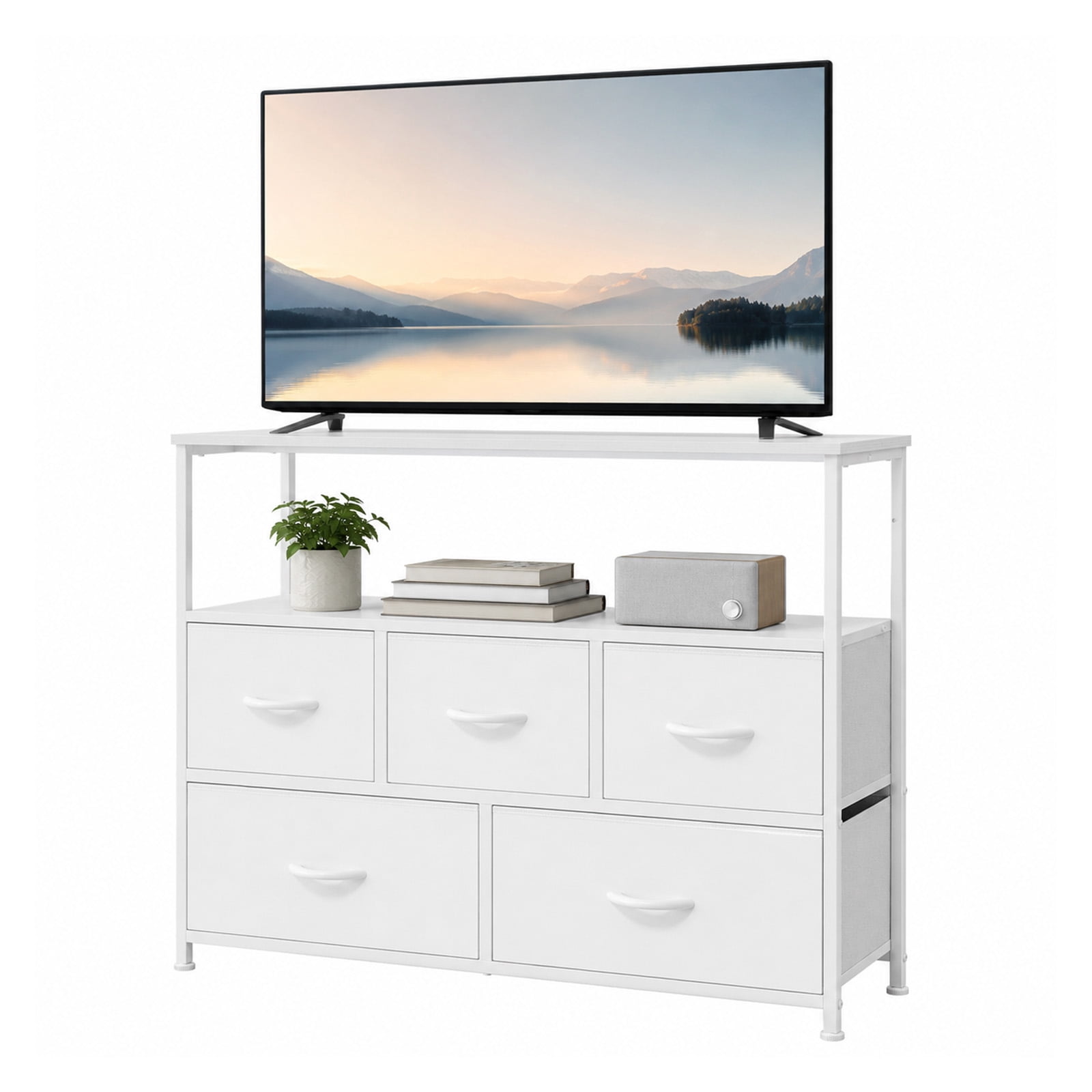 Alvantor Tall Fabric Dresser, TV Stand Media Console, 5 Drawer Storage Tower with Wooden Top for Bedroom, Entryway, Nursery
