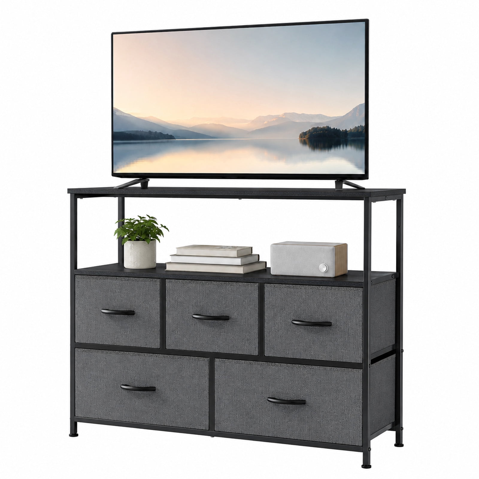 Alvantor Tall Fabric Dresser, TV Stand Media Console, 5 Drawer Storage Tower with Wooden Top for Bedroom, Entryway, Nursery