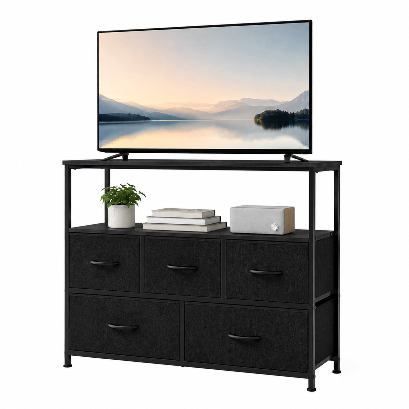 Alvantor Tall Fabric Dresser, TV Stand Media Console, 5 Drawer Storage Tower with Wooden Top for Bedroom, Entryway, Nursery