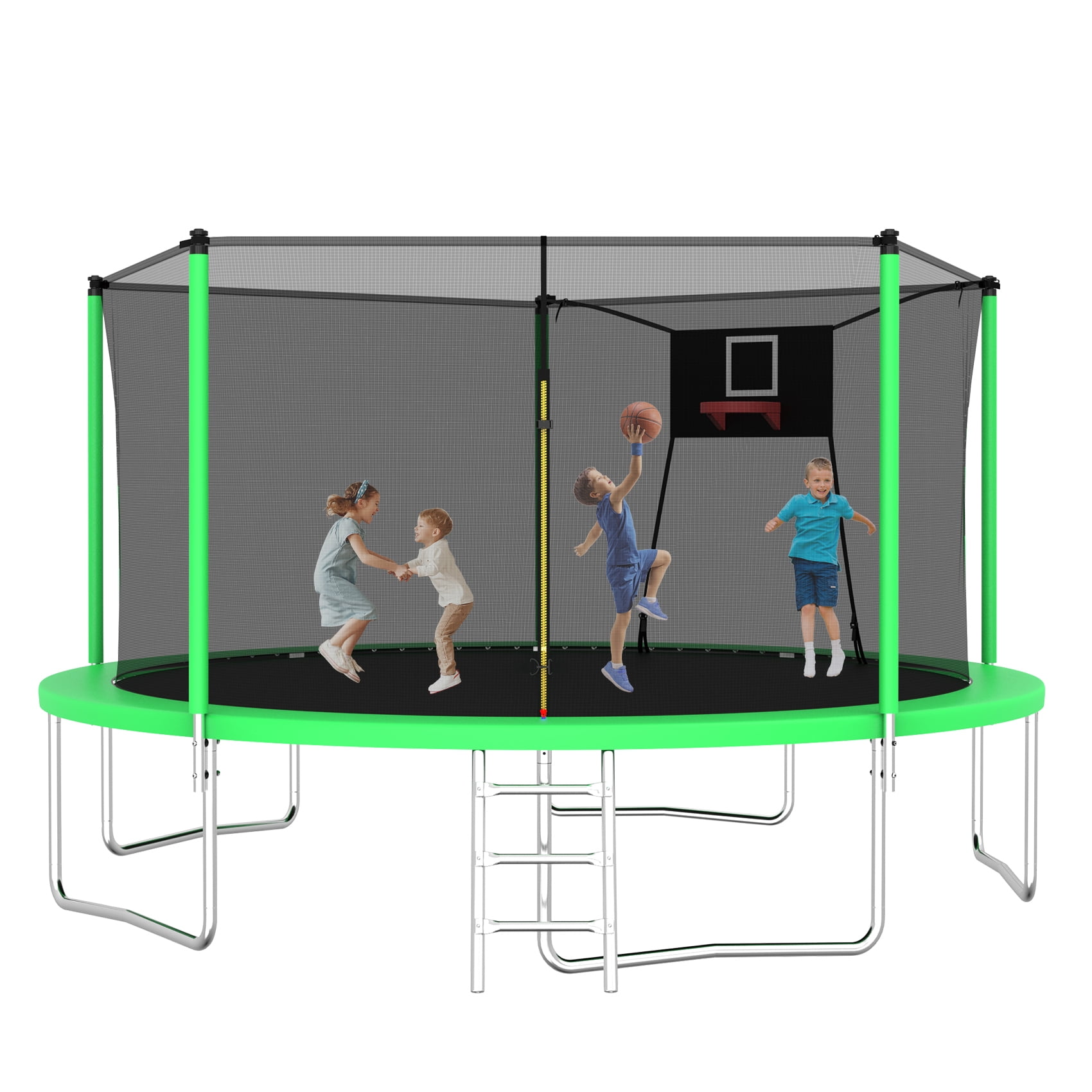 Alvantor Trampoline 14Ft for Kids Age 3-10, Round Trampolines with Basketball Hoop & Enclosure Net for Backyard Yard,Green