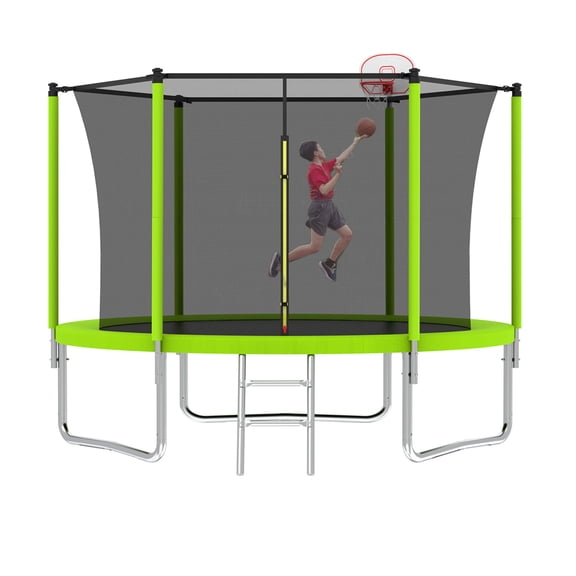 Alvantor Trampoline for Kids 10Ft Round Trampolines with Basketball Hoop & Enclosure Net for Backyard, Age 3-10, Green