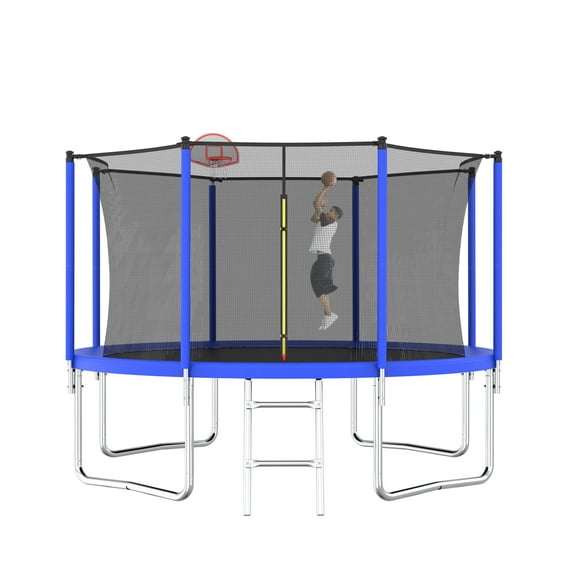 Alvantor Trampoline for Kids, 12 Ft Round Trampolines with Basketball Hoop & Enclosure Net for Backyard Yard, Age 3-10,Blue