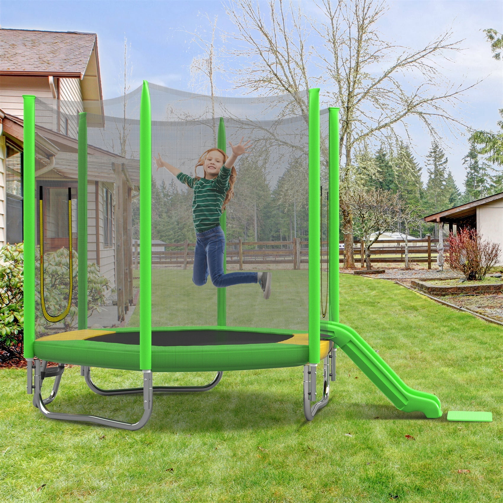 Alvantor Trampoline with Slide 7ft Trampolines for Kids with Enclosure net & Ladder Green
