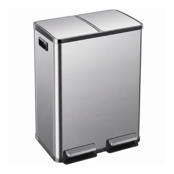 Alvantor 60L Trash Can, Dual Compartment 2x8 Gallon Stainless Steel Garbage Bin with Fingerprint Proof Finish, Soft Close Lid, and Hands-Free Pedal for Kitchen and Office