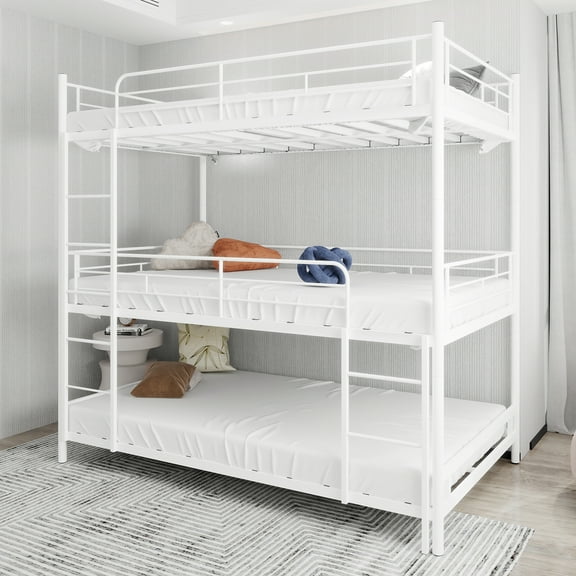 Alvantor Triple Bunk Bed Twin Over Twin Over Twin 3-in-1 Metal Bed Frame for Kids Teens with Ladders and Safety Guardrails White