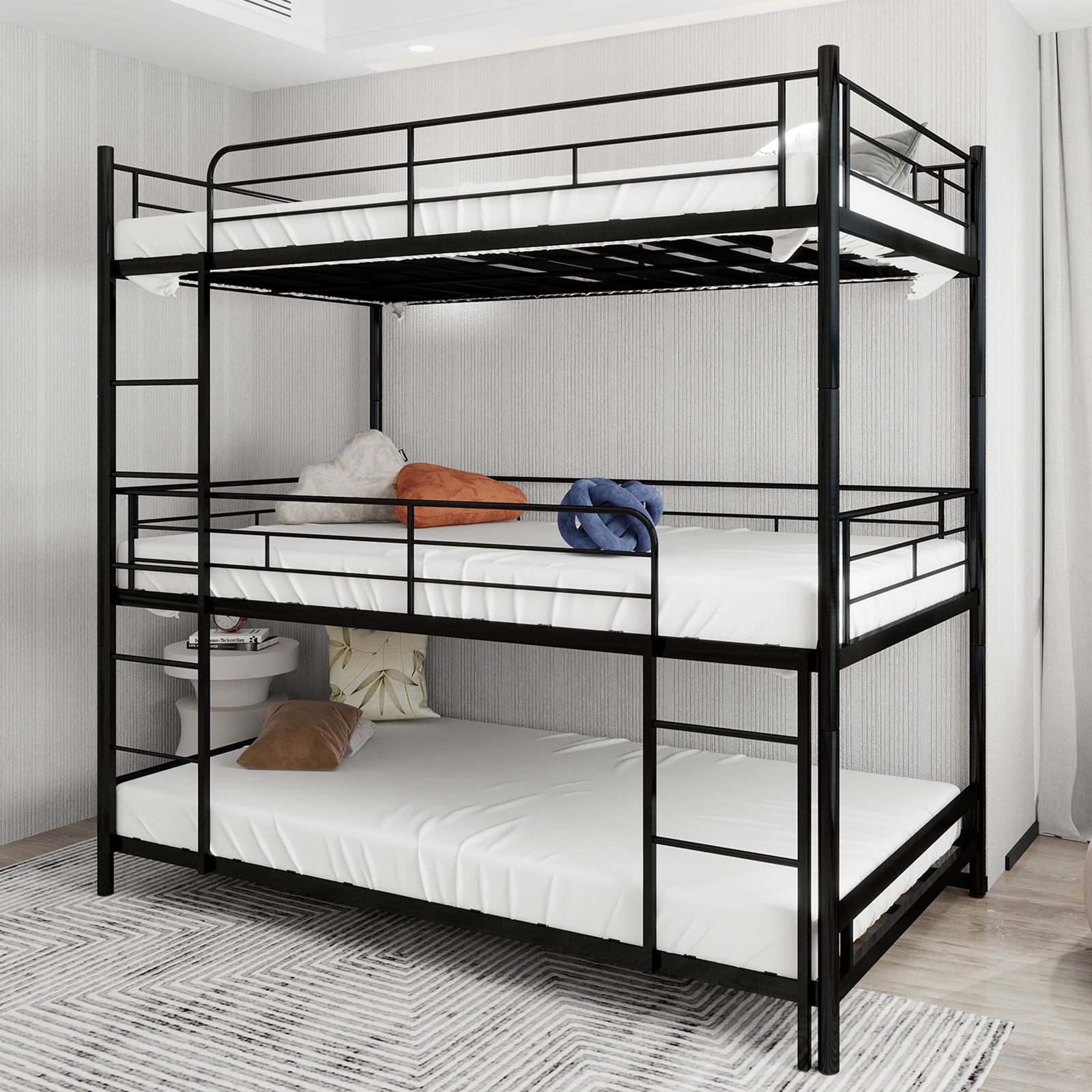 Alvantor Triple Bunk Bed Twin Over Twin Over Twin Metal 3-in-1 Bed for Kids Teens with Ladders and Safety Guardrails Black