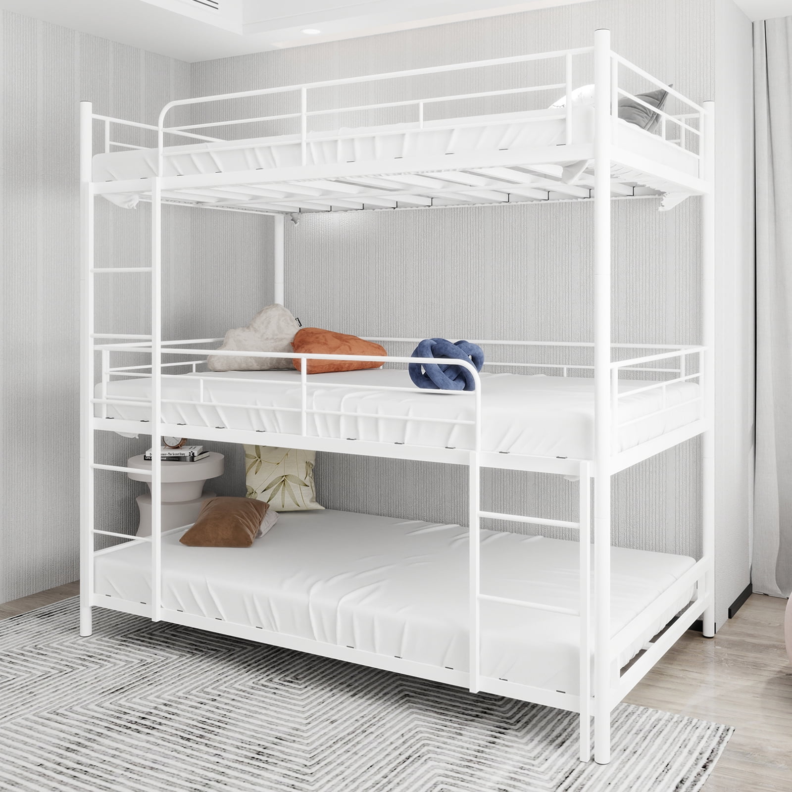 Alvantor Triple Bunk Bed Twin Over Twin Over Twin Metal 3-in-1 Bed for Kids Teens with Ladders and Safety Guardrails White