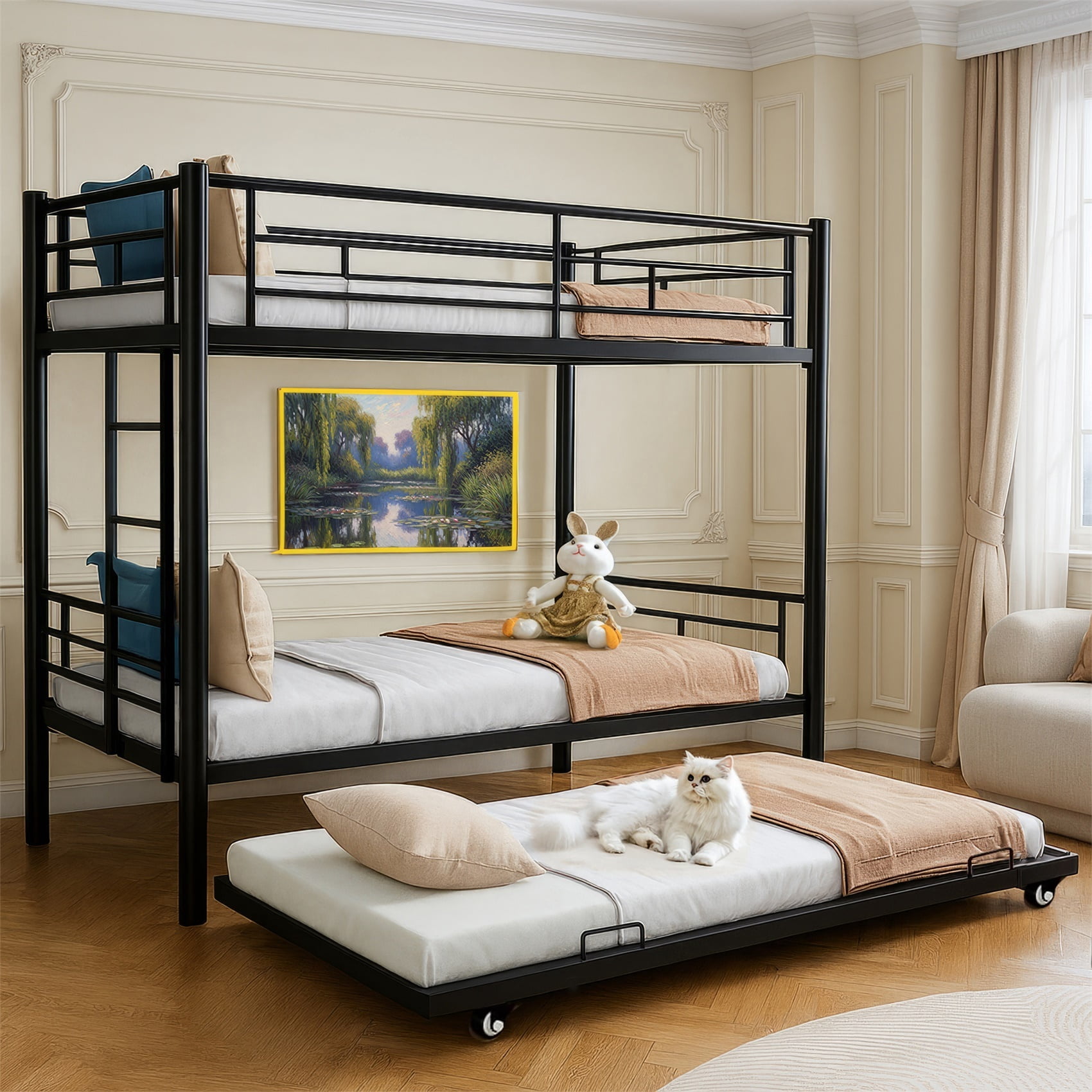 HAUSHECK Twin Over Twin Bunk Bed With Trundle - Metal Frame For 3 Kids, Teens, Or Adults - View #4