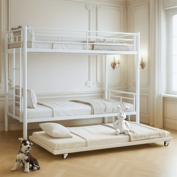 Alvantor Triple Bunk Beds Frame, Twin over Twin Bunk Bed with Trundle, Heavy Duty Metal Bed with Guardrail and Ladders, Divided Into 3 Twin Beds for Boys, Girls, Kids, Easy Assembly White