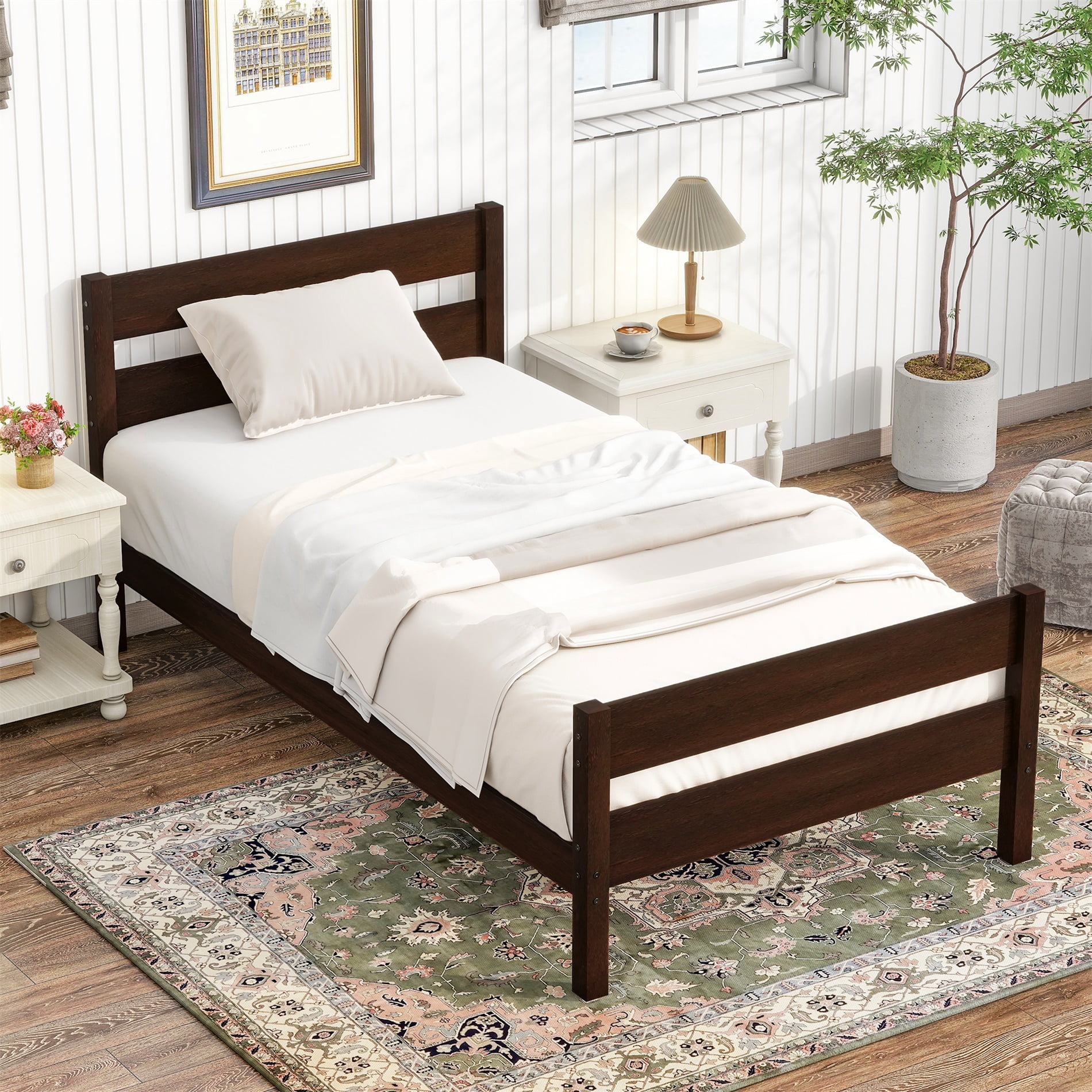 Alvantor Twin Bed Frame with Headboard, Wood Twin Platform Bed for Kids, Adults Espresso