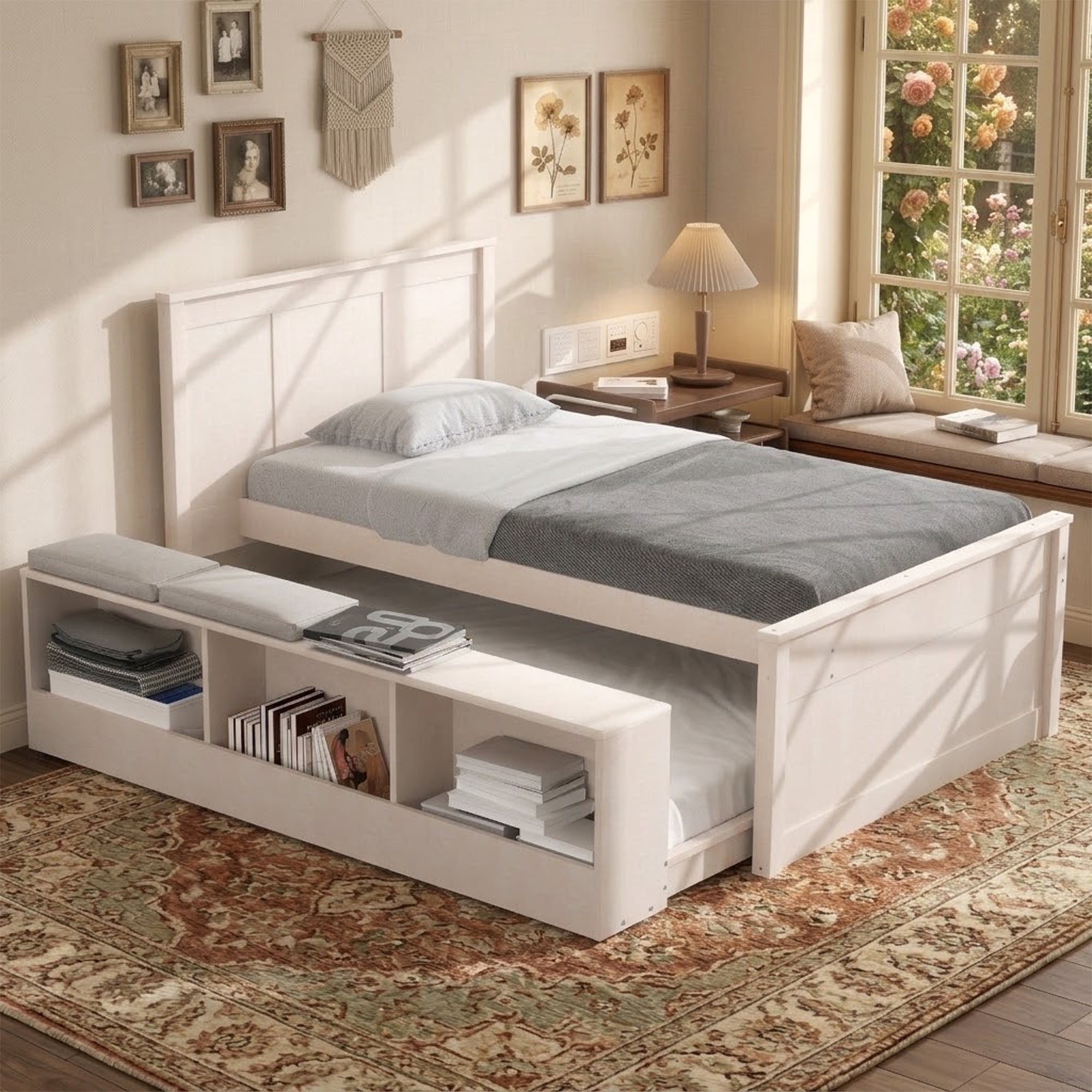 Alvantor Twin Bed Frames with Pull Out Trundle, Headboard and Storage Shelves, Cream White