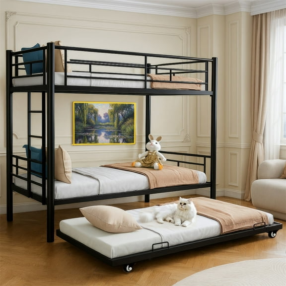 Alvantor Twin Bunk Bed with Trundle for Kids and Teens, Heavy Duty Metal Bed Frame, Triple Bunk Bed with Safety Rail Side Black