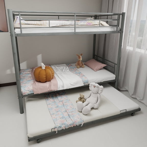 Alvantor Twin Bunk Bed with Trundle for Kids and Teens, Heavy Duty Metal Bed Frame, Triple Bunk Bed with Safety Rail Side Silver