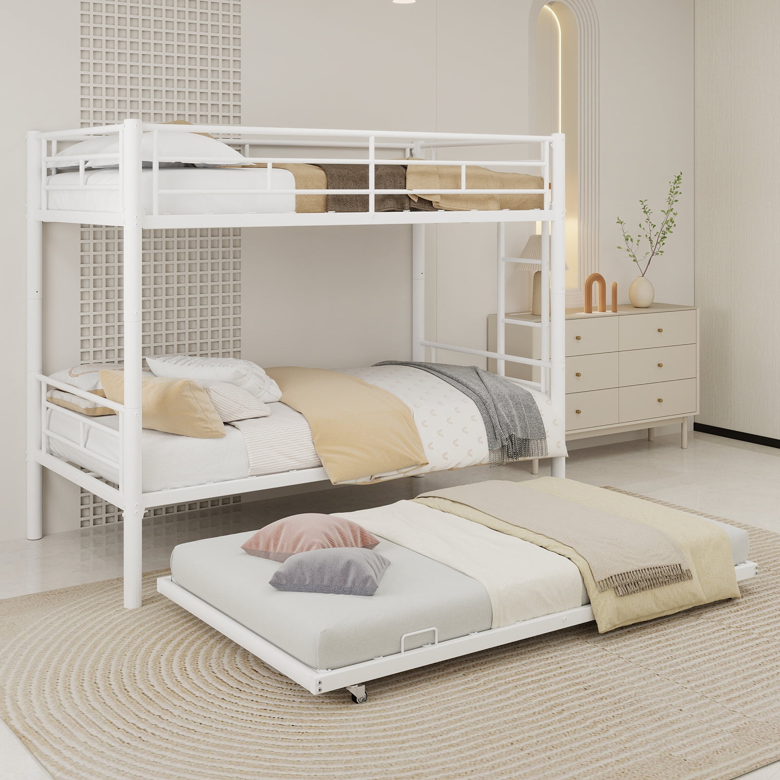 Alvantor Twin Bunk Bed with Trundle for Kids and Teens, Heavy Duty Metal Bed Frame, Triple Bunk Bed with Safety Rail Side White