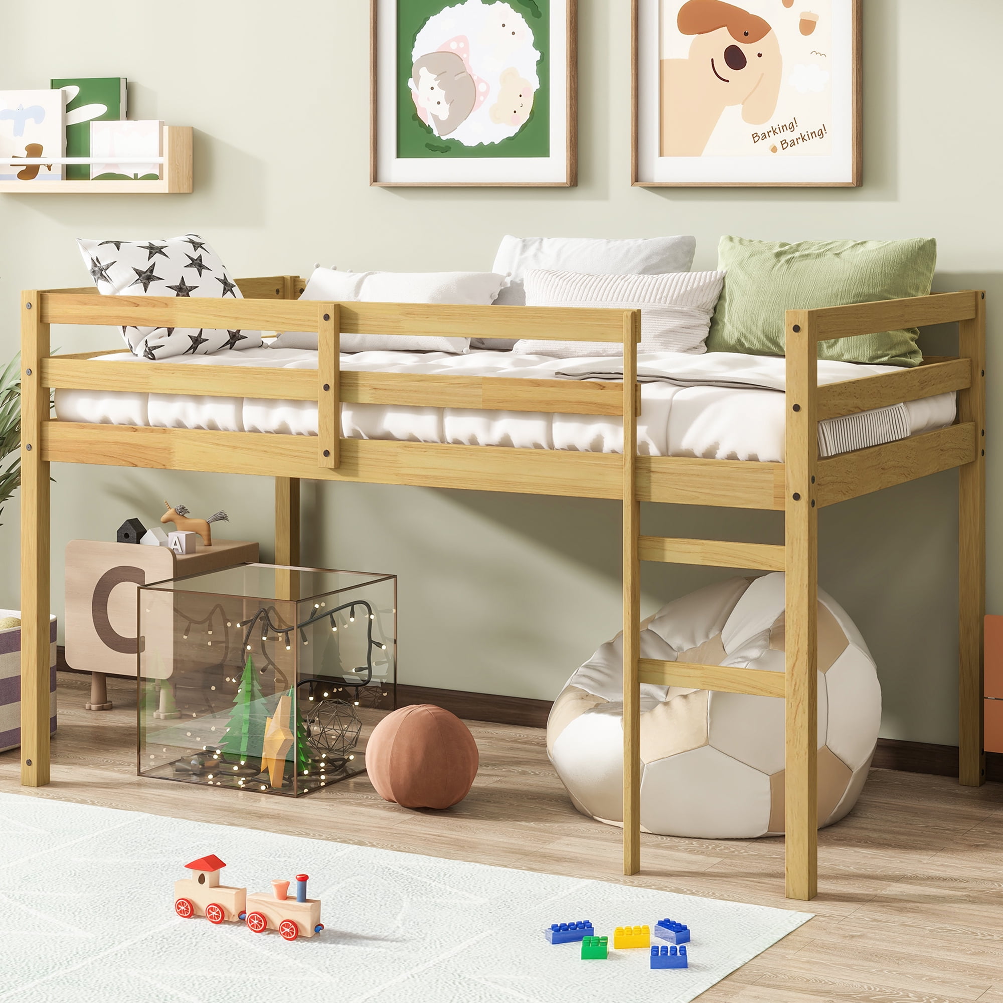 Alvantor Twin Loft Bed for Kids Wood Bed with Stairs, Natural