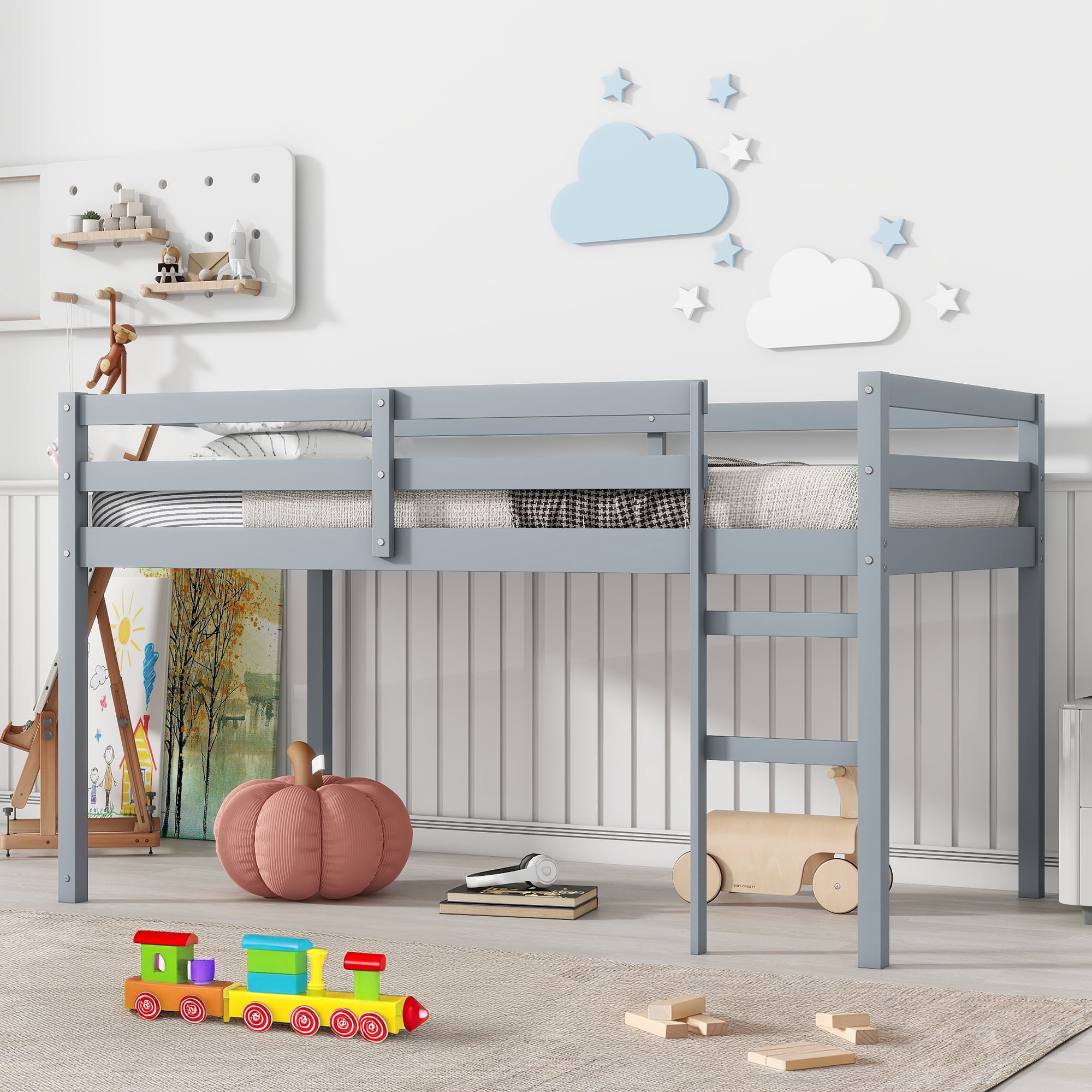 Alvantor Twin Loft Bed for Kids Wooden Bed Frame with Stairs, No Box Spring Needed, Grey