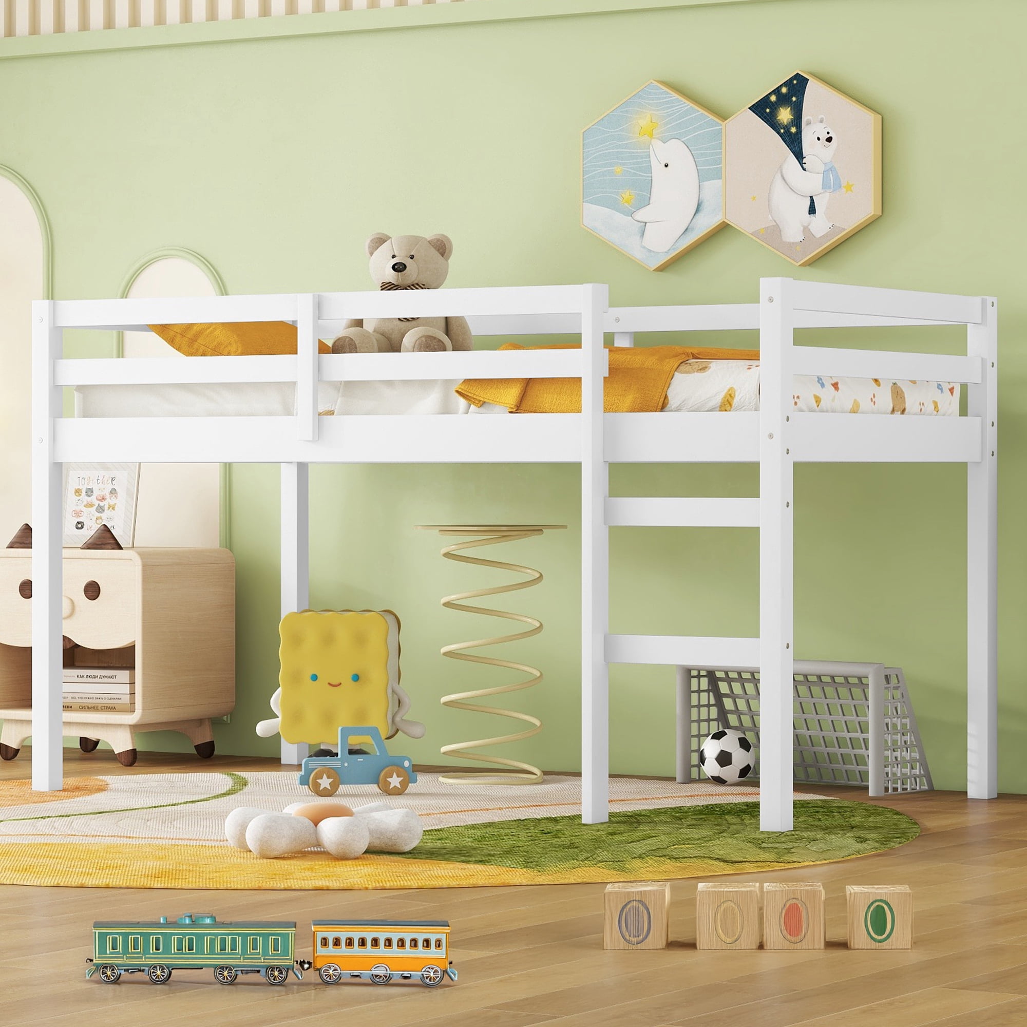 Alvantor Twin Loft Bed for Kids Wooden Bed Frame with Stairs, No Box Spring Needed, White
