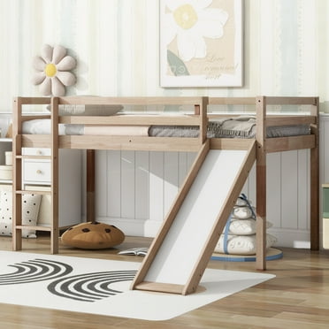 Alvantor Twin Loft Bed with Slide, 300lbs Capacity, Safety Rails, White Oak Finish